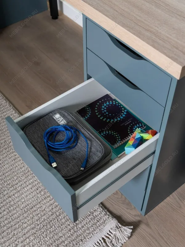 Стол письменный Ингар, 10 ящиков, 140х75х55 см, серо-бирюзовый, столешница дуб беленый | изображение 7