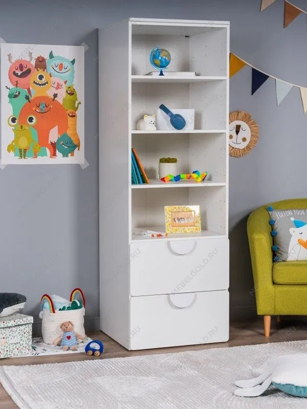 Стеллаж Пикси, с двумя выдвижными ящиками 60x57x180, белый (робкий подснежник) | изображение 1