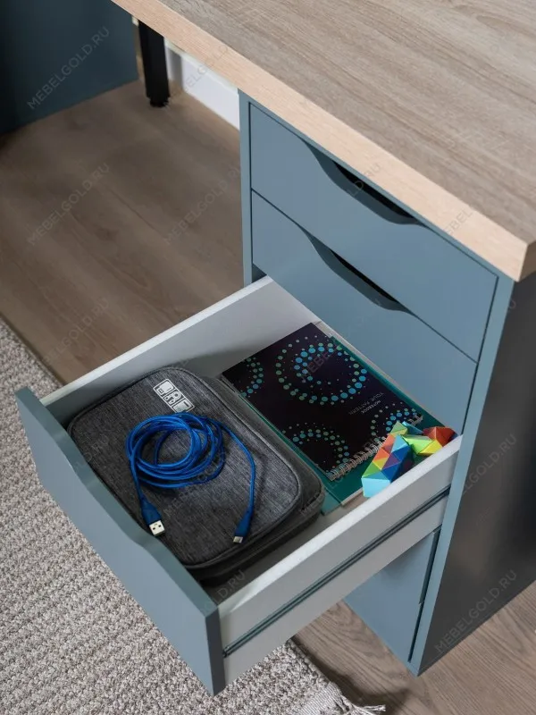 Стол письменный Ингар, 5 ящиков, 140х75х55 см, серо-бирюзовый/черный, столешница дуб беленый | изображение 7