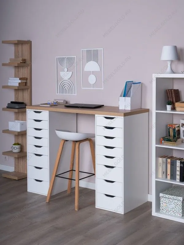 Стол письменный Ингар, 16 ящиков, 140х106х55 см, дуб беленый | изображение 1