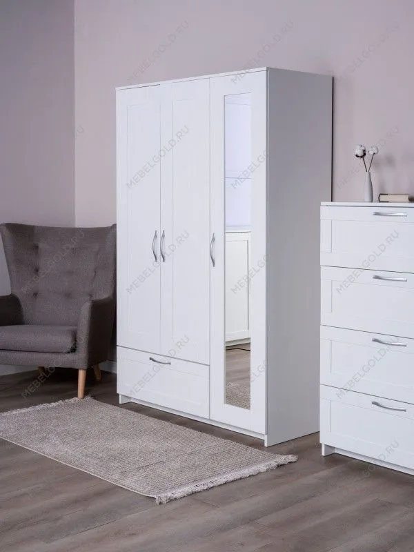 Шкаф Сириус, 3 двери и 1 ящик, 117х50х190 см, с зеркалом, белый | изображение 8