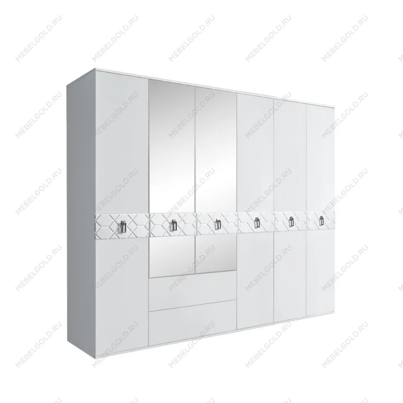 Шкаф 6-ти дверный с зеркалами, с ящиками, Bogemia Farfalle (Белый/Хром) БМШ1/61(Fa)