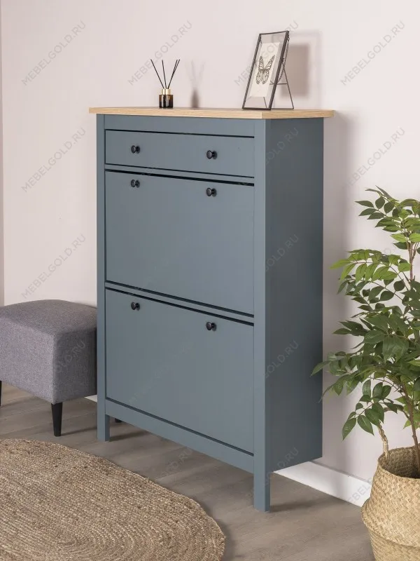 Обувница Сага с 2 откидными ящиками 92х122 темно-бирюзовая-ясень | изображение 1