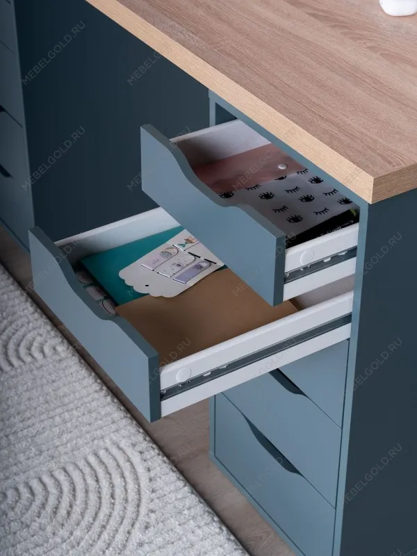 Стол письменный Ингар, 10 ящиков, 140х75х55 см, серо-бирюзовый, столешница дуб беленый | изображение 3