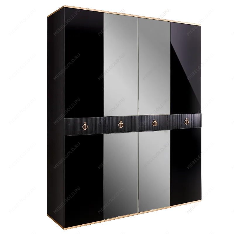 Шкаф 4-х дверный с зеркалом Римини СОЛО (Черный/Золото) РМШ1/4(s)