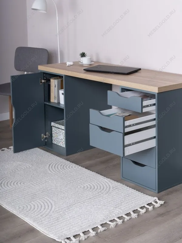 Стол письменный Ингар, с дверцей и 5 ящиками, 140x75x55, серо-бирюзовый/черный, столешница дуб беленый | изображение 2