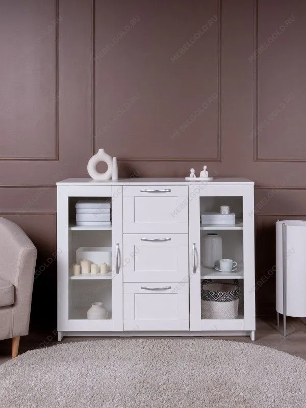 Тумба Сириус, 2 двери со стеклом и 3 ящика, 117х41х95 см, белая | изображение 6