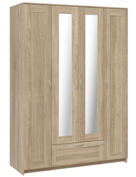 БРИМНЭС / СИРИУС Шкаф четырёхдверный ИКЕА / IKEA с одним выдвижным ящиком и двумя зеркалами, Дуб Сонома