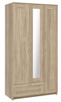 БРИМНЭС / СИРИУС Шкаф трёхдверный ИКЕА / IKEA с одним выдвижным ящиком и зеркалом, Дуб Сонома